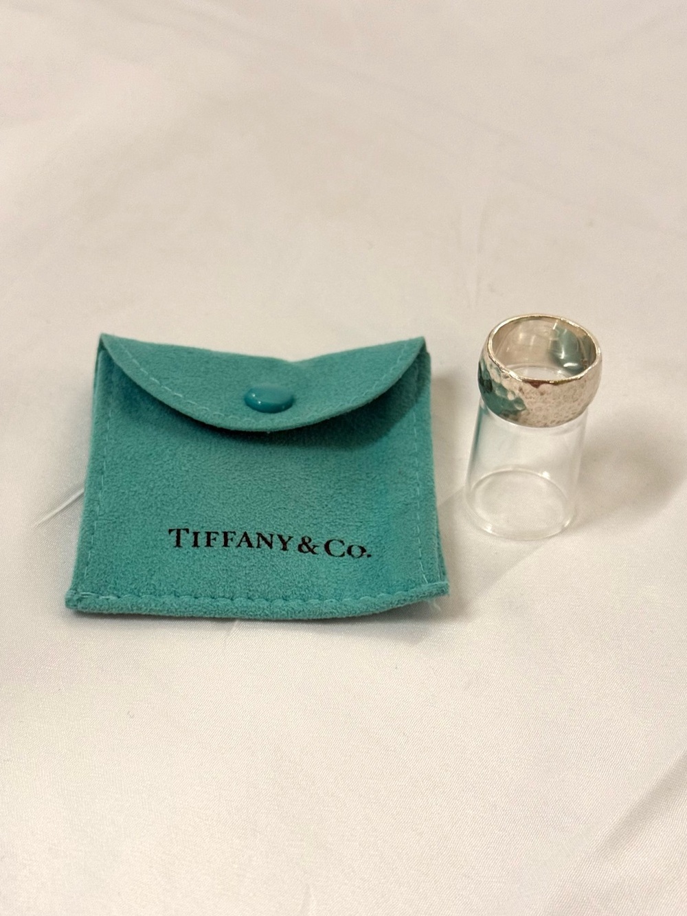Tiffany & Co. Hammered Sterling Silver Wide Band Ring in Tiffany Blue Pouch